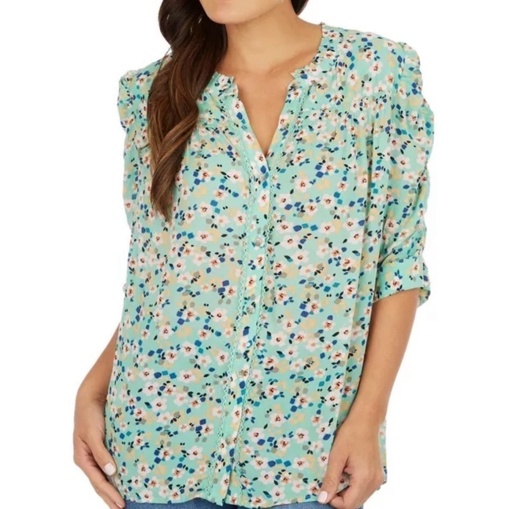 Democracy Floral Green Button Up Blouse | SIZE S
